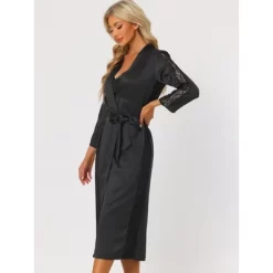 Cheibear Womens Satin Nightwear Robe And Nightgown Sets Lace Long Sleeve Bridesmaid Wedding Bride Bathrobe