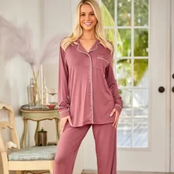 Women's Soft Knit Jersey Pajamas Lounge Set, Long Sleeve Top And Pants With Pockets