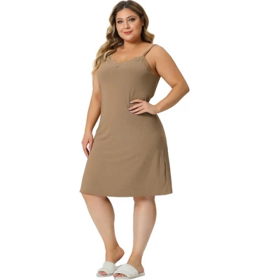 Agnes Orinda Women's Plus Size 2023 V Neck Spaghetti Strap Lace Insert Knit Cami Nightdress 2 Agnes Orinda Women's Plus Size 2023 V Neck Spaghetti Strap Lace Insert Knit Cami Nightdress - Image 2