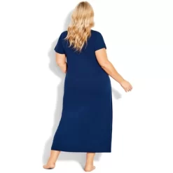 Women's Plus Size Summer Love Short Sleeve Sleep Maxi Dress - Deep Blue | AVENUE