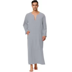 Lars Amadeus Men's Cotton V-Neck Side Split Long Night Gown With Pocket -Cozy Nights Sales Store GUEST 80e88f6d 3713 4658 80dd 8196984d52a1