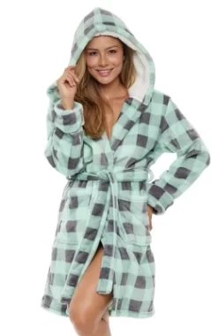 Women's Classic Plush Hooded Robe, Short Fleece Plaid Bathrobe With Hood -Cozy Nights Sales Store GUEST 84c81e2c 8433 4b6e b50a a47c2859efa2