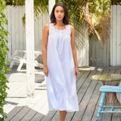 Women's Cotton Victorian Nightgown, Gwendoline Sleeveless Lace Trimmed Button Up Long Vintage Night Dress Gown