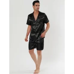 Lars Amadeus Men's Satin Pajama Set Summer Short Sleeve Night Wear Sleepwears Sleep Lounge Sets