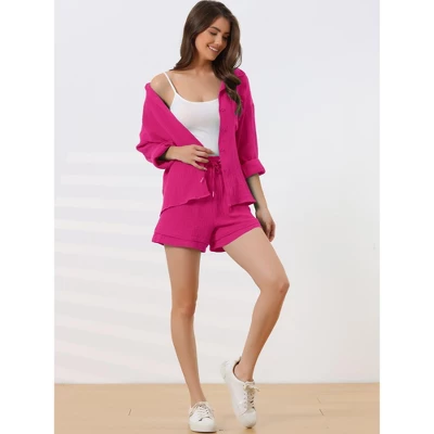 Cheibear Women's Button Down Long Sleeve Sleepwear Shirt With Shorts Casual Lounge Sets 1 Cheibear Women's Button Down Long Sleeve Sleepwear Shirt With Shorts Casual Lounge Sets