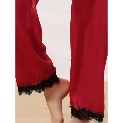 Cheibear Women's Satin Elastic Wide-leg Lace Trim Loungewear Long Sleep Pants 3 Cheibear Women's Satin Elastic Wide-leg Lace Trim Loungewear Long Sleep Pants - Image 3