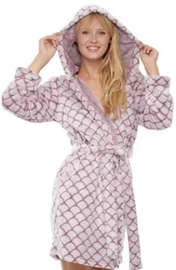 Women's Warm Soft Plush Fleece Bathrobe With Hood, Knee Length Hooded Robe, Seashell Scalloped -Cozy Nights Sales Store GUEST 8fe27d43 ab4e 407d 94b4 f0a61fcf3a27