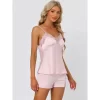 Cheibear Womens Satin Lounge Lace Trim Cami Tops With Shorts Sleepwear Pajamas Sets