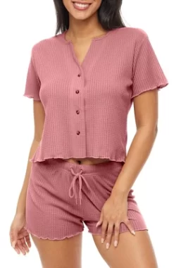 Women's Soft Ribbed Waffle Rib Knit Pajamas Lounge Set, Short Sleeve Button Up Top And Pajama Shorts -Cozy Nights Sales Store GUEST 92a0a52c 6738 4f7c 9a06 ec3c5f91dbc7