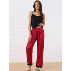 Cheibear Women's Satin Elastic Wide-leg Lace Trim Loungewear Long Sleep Pants