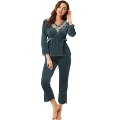 Allegra K Women's Pajama Sets V Neck With Belt Tie Long Sleeve Sleepwear Soft Female Night Suit Lounge Sets -Cozy Nights Sales Store GUEST 957e3527 891b 4eb5 bbe8 0c1137e52cce