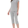 Cheibear Womens Sleepwear Pajama Set Nightwear Round Neck Loungewear With Capri Pants