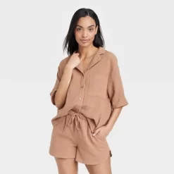 Women's 100% Cotton Gauze Short Sleeve Notch Collar Top - Stars Above™ -Cozy Nights Sales Store GUEST 9c3f87b4 23d6 4d92 b84d 8fe9872b90ca