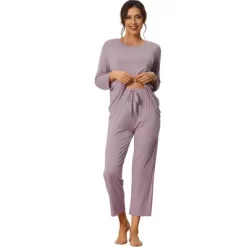 Cheibear Women's Loose Soft Sleepwear Long Sleeve Shirt And Wide-leg Sleep Pants 2 Pcs Modal Pajama Sets