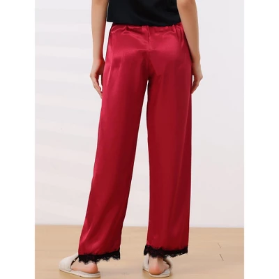 Cheibear Women's Satin Elastic Wide-leg Lace Trim Loungewear Long Sleep Pants 2 Cheibear Women's Satin Elastic Wide-leg Lace Trim Loungewear Long Sleep Pants - Image 2