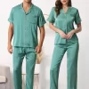 Cheibear Men's Satin Sleepwear Short Sleeve Button Down T-Shirt With Pants Couple Pajama Set