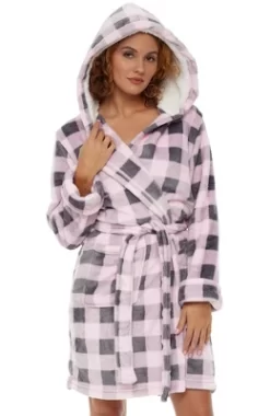 Women's Classic Plush Hooded Robe, Short Fleece Plaid Bathrobe With Hood -Cozy Nights Sales Store GUEST aa8ffd02 c330 44a4 9055 f90f63e15fcf