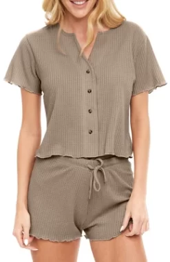 Women's Soft Ribbed Waffle Rib Knit Pajamas Lounge Set, Short Sleeve Button Up Top And Pajama Shorts -Cozy Nights Sales Store GUEST abda3217 dec4 4657 8113 377b7df4c6e3