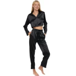 Women's Crop Top Satin Pajamas Lounge Set, Long Sleeve Top And Pants With Pockets, Silk Like PJs -Cozy Nights Sales Store GUEST adda22a8 4a35 4a3e 9aeb 9d75f4574273