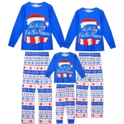 Cheibear Christmas Cute Letters Print Long Sleeve Tee With Pants Loungewear Family Pajama Sets Blue