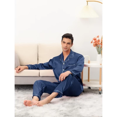 Lars Amadeus Men's Satin Sleeping Long Sleeves Shirt Pants Pajama Set 2 Lars Amadeus Men's Satin Sleeping Long Sleeves Shirt Pants Pajama Set - Image 2