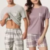 Cheibear Men's Sleepwear Short Sleeve T-Shirt With Shorts Plaid Couple Pajama Sets