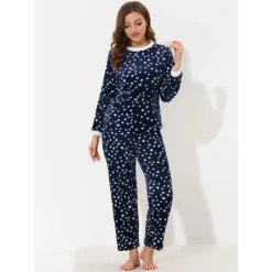 Cheibear Womens Flannel Pajama Sets Winter Cute Printed Long Sleeve Nightwear Lounge Sleepwear