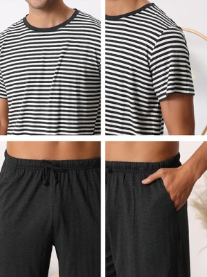 Cheibear Men's Sleepwear Short Sleeve T-Shirt With Shorts Stripe Couple Pajama Sets 4 Cheibear Men's Sleepwear Short Sleeve T-Shirt With Shorts Stripe Couple Pajama Sets - Image 4