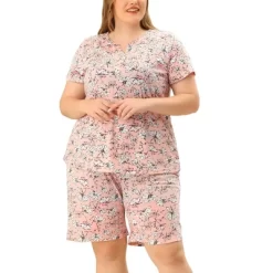 Agnes Orinda Womens Plus Size Loungewear Floral Elastic Waist Short Sleeve Pajamas Set