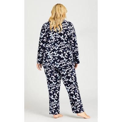 Women's Plus Size Butterfly Button Fleece Sleep Top - Navy | AVENUE 1 Women's Plus Size Butterfly Button Fleece Sleep Top - Navy | AVENUE