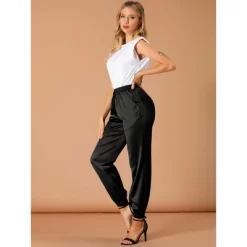 Allegra K Women's Drawstring Elastic Waist Athleisure Pants Ankle Length Satin Joggers With Pocket -Cozy Nights Sales Store GUEST c436b1fc b426 43cd 924d c53d15ed99a9
