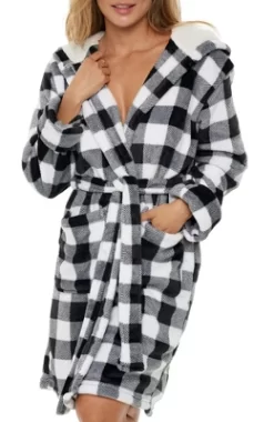 Women's Classic Plush Hooded Robe, Short Fleece Plaid Bathrobe With Hood -Cozy Nights Sales Store GUEST c83555de 2605 40dd a8a2 bd5b978d9787