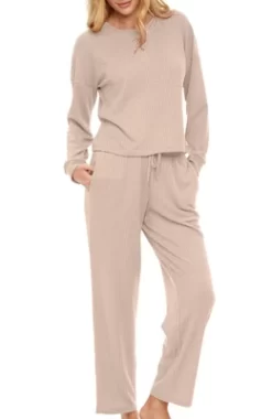 Women's Soft Ribbed Waffle Rib Knit Henley Pajamas Lounge Set, Lounge Sleeve Top And Pants With Pockets, Drawstring -Cozy Nights Sales Store GUEST ca5545a2 eab7 41f6 9118 1cb6897cbb90