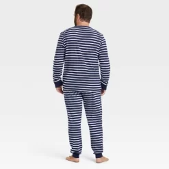 Men's Striped 100% Cotton Matching Family Pajama Set - Navy