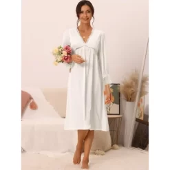 Cheibear Womens Satin Nightgowns Long Sleeve Lace Trim V-Neck Pajama Dress