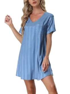 Cheibear Womens Sleepwear Pajama Dress Lounge Short Sleeve Striped Nightgown -Cozy Nights Sales Store GUEST d50760cd 9212 4f93 b450 540459ce941d
