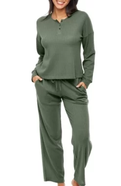 Women's Soft Ribbed Waffle Rib Knit Henley Pajamas Lounge Set, Lounge Sleeve Top And Pants With Pockets, Drawstring -Cozy Nights Sales Store GUEST d54b4658 6654 46df ade9 7d9602f99801