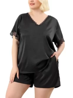 Agnes Orinda Plus Size Satin Pajamas Women's 2023 Summer Lace V Neck Short Sleeve With Shorts Silk Set Sleepwear