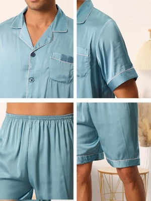 Cheibear Men Satin Button Down Pajama Sets Short Sleeve Shirt And Shorts Sleepwear 4 Cheibear Men Satin Button Down Pajama Sets Short Sleeve Shirt And Shorts Sleepwear - Image 4