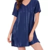 Cheibear Womens Sleepwear Pajama Dress Lounge Short Sleeve Striped Nightgown