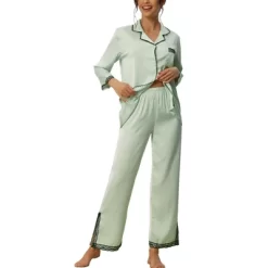 Cheibear Women's Satin Lace Long Sleeve Button-Down Shirt With Pants Pajama Sets 2 Pcs -Cozy Nights Sales Store GUEST e38dc1be 7111 43ec 9d38 86337bcc4966