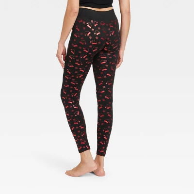 Women's Foil Print Santa Hats Seamless Fleece Lined Leggings - Wondershop™ Black/Red 1 Women's Foil Print Santa Hats Seamless Fleece Lined Leggings - Wondershop™ Black/Red