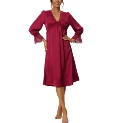 Cheibear Womens Satin Nightgowns Long Sleeve Lace Trim V-Neck Pajama Dress -Cozy Nights Sales Store GUEST fb794895 831e 47e9 a816 e786221795ff
