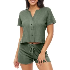 Women's Soft Ribbed Waffle Rib Knit Pajamas Lounge Set, Short Sleeve Button Up Top And Pajama Shorts -Cozy Nights Sales Store GUEST fbeeab33 9877 4506 8055 eb5c646d83a4