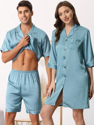 Cheibear Men Satin Button Down Pajama Sets Short Sleeve Shirt And Shorts Sleepwear 2 Cheibear Men Satin Button Down Pajama Sets Short Sleeve Shirt And Shorts Sleepwear - Image 2